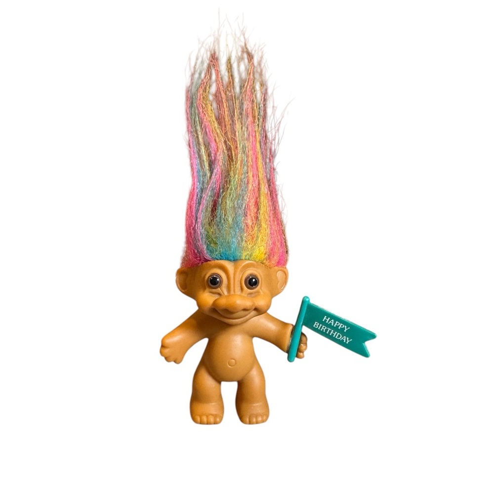Vintage Russ Berrie Happy Birthday Rainbow Hair Troll Doll 3”+3” Of Hair 90s